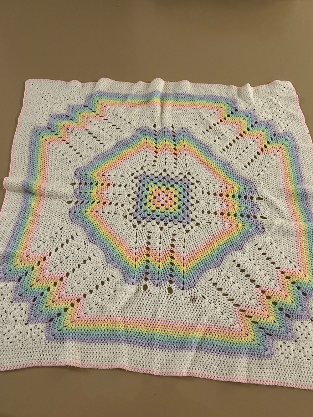 Vintage Handmade Pastel Rainbow Crochet Blanket - White & Multicolor